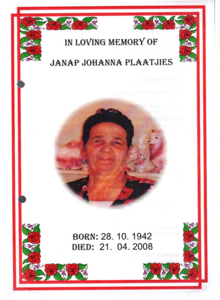 Jana Johanna Plaatjies 28/10/1942 - 21/4/2008